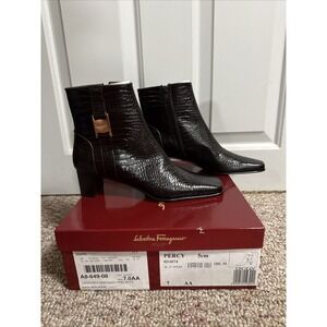 FERRAGAMO Percy Espresso Croc Embossed Ankle Boots Logo Gold Square Toe 7 AA‎